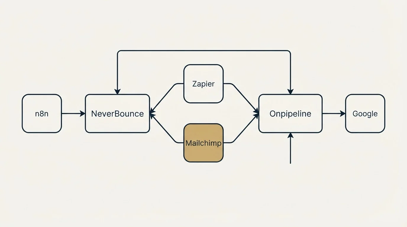 Integration schematic: Integration Ecosystem (NeverBounce, Onpipeline, Zapier, Mailchimp)