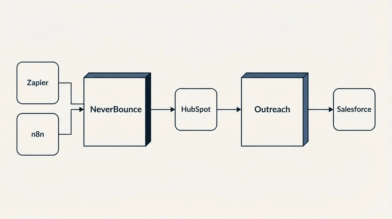Integration flow: Integration Ecosystem (NeverBounce, Outreach, HubSpot, Zapier)