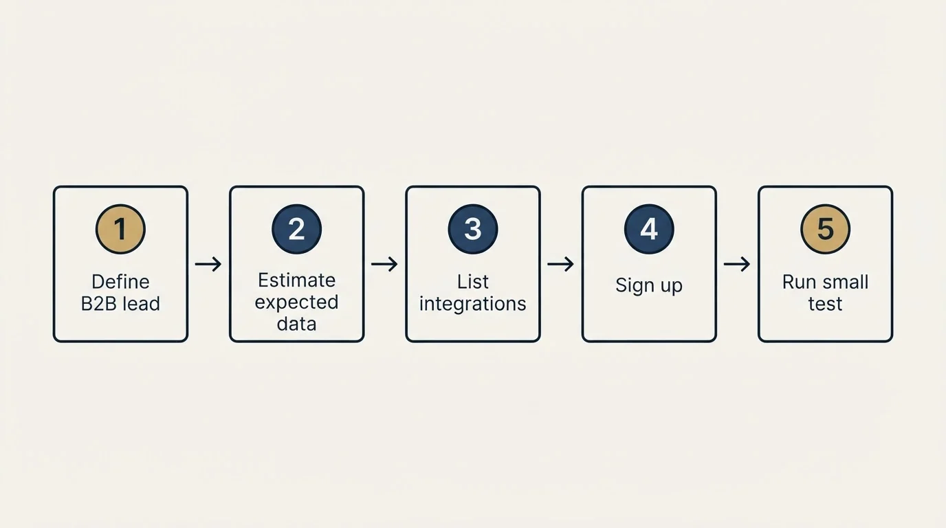 Step sequence: Getting Started Checklist (Define B2B lead, Estimate expected data, List integrations, Sign up)