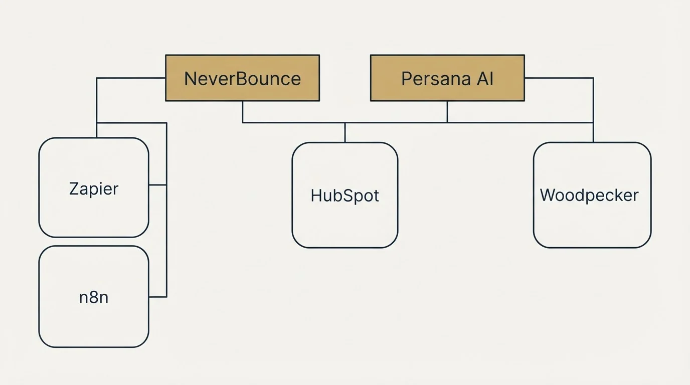 Integration grid: Integration Ecosystem (NeverBounce, Persana AI, HubSpot, Zapier)