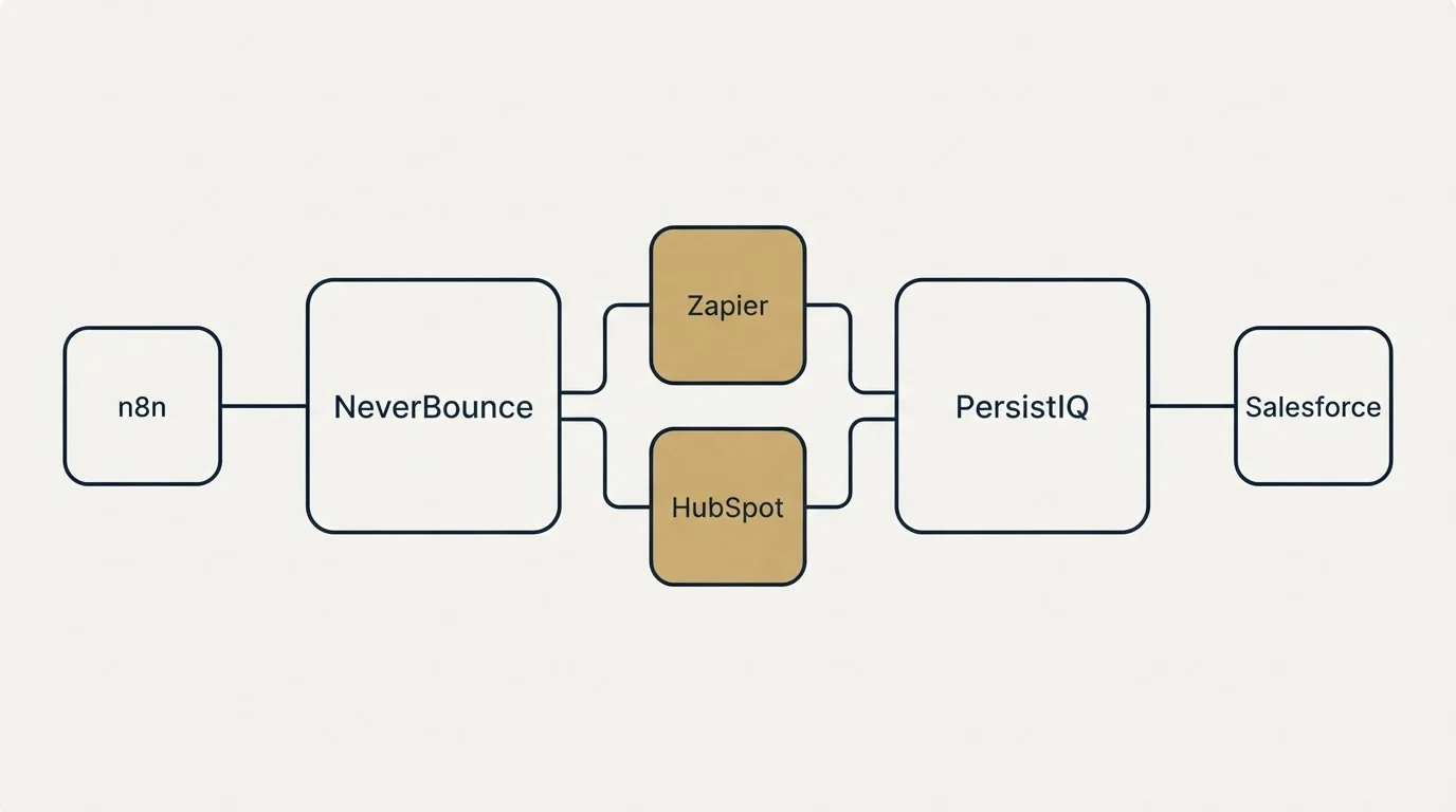 Integration flow: Integration Ecosystem (NeverBounce, PersistIQ, Zapier, HubSpot)