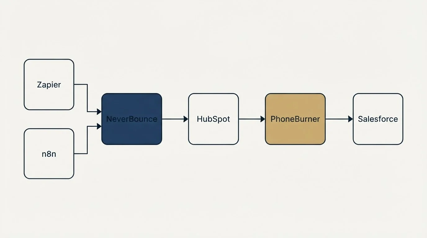 Integration flow: Integration Ecosystem (NeverBounce, PhoneBurner, HubSpot, Zapier)