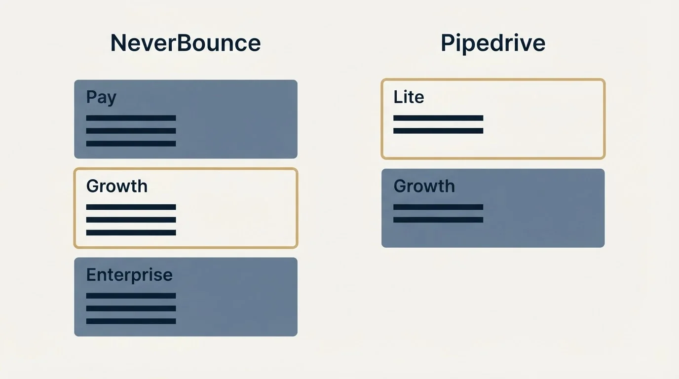 Pricing panels: Pricing Comparison (NeverBounce, Pipedrive, Pay, Lite)