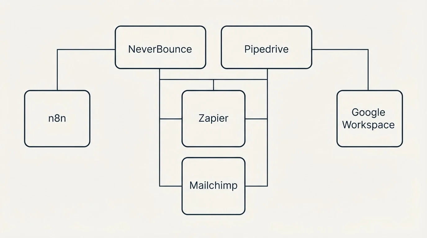 Integration grid: Integration Ecosystem (NeverBounce, Pipedrive, Zapier, Mailchimp)
