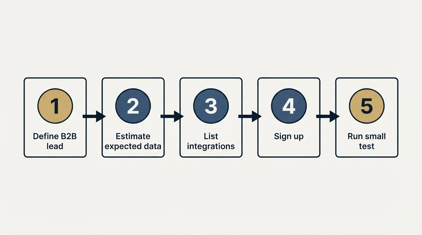 Step sequence: Getting Started Checklist (Define B2B lead, Estimate expected data, List integrations, Sign up)