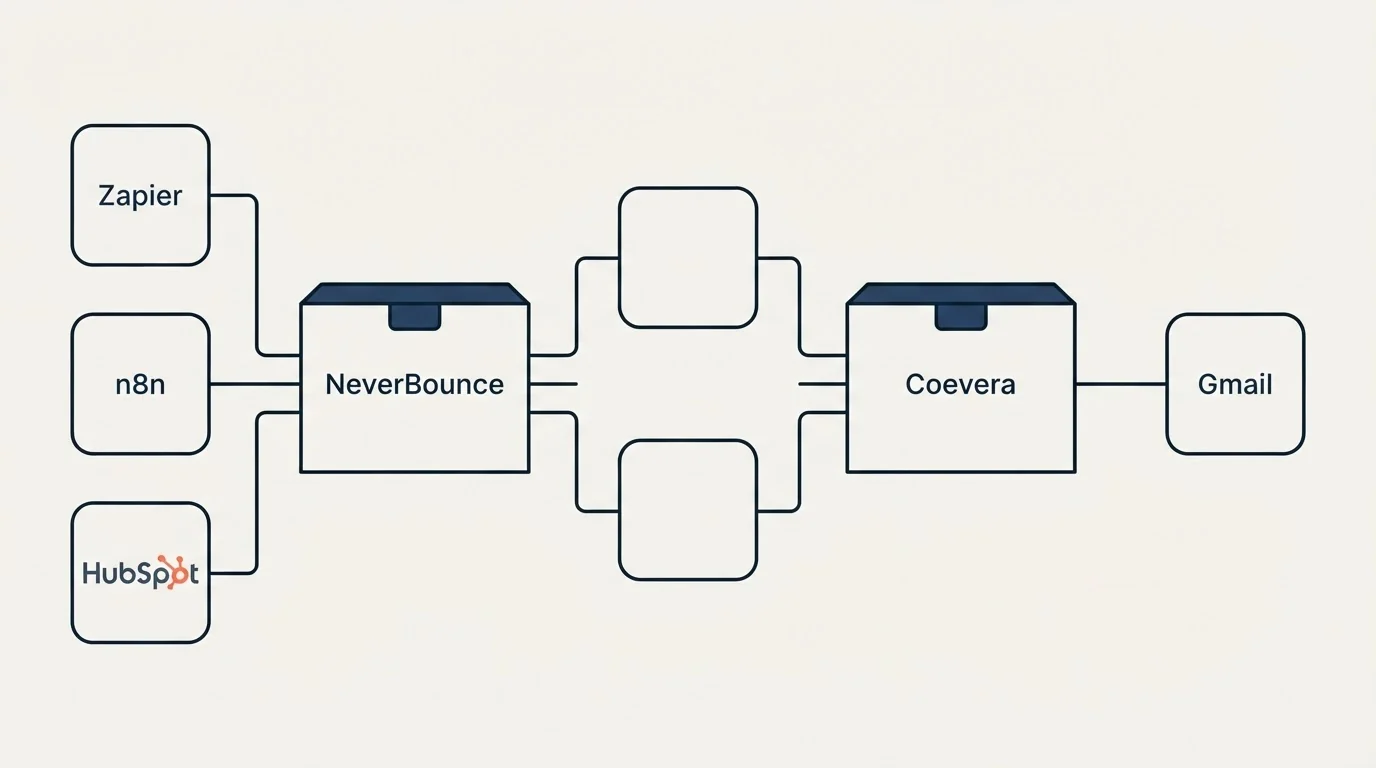 Integration flow: Integration Ecosystem (NeverBounce, Coevera, Zapier, Gmail)