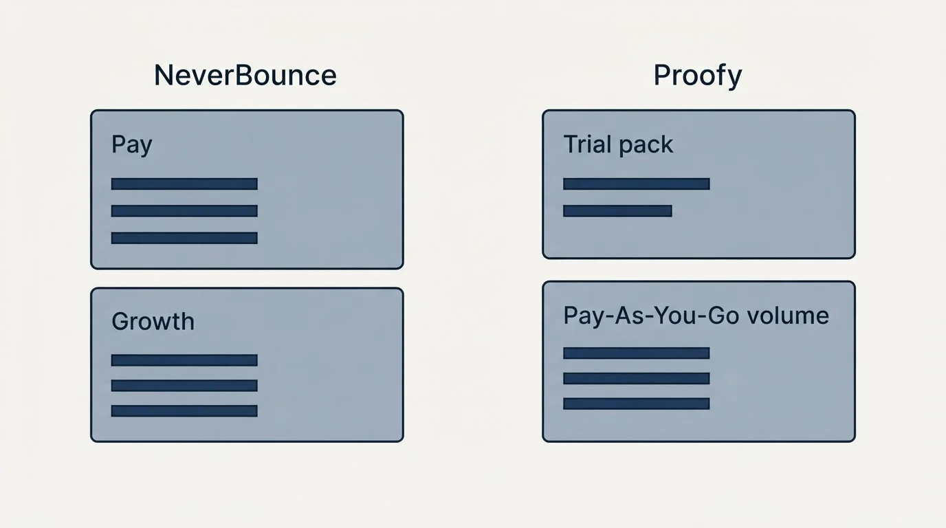 Pricing panels: Pricing Comparison (NeverBounce, Proofy, Pay, Trial pack)