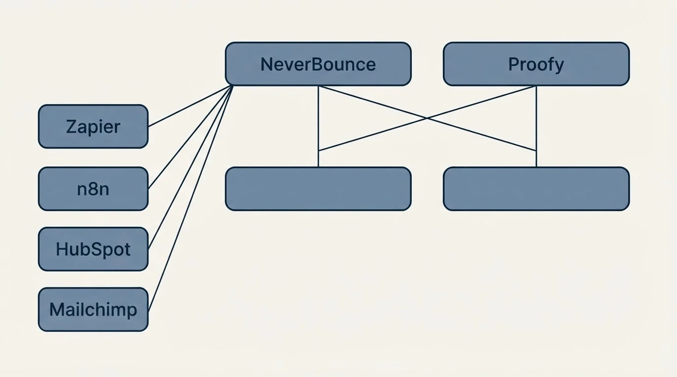 Integration grid: Integration Ecosystem (NeverBounce, Proofy, Zapier, n8n)