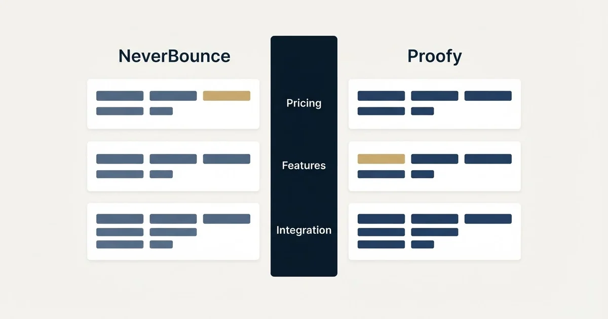 Comparison panel: NeverBounce vs Proofy (Pricing, Features, Integration)