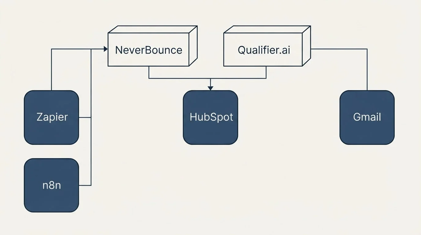 Integration grid: Integration Ecosystem (NeverBounce, Qualifier.ai, HubSpot, Zapier)
