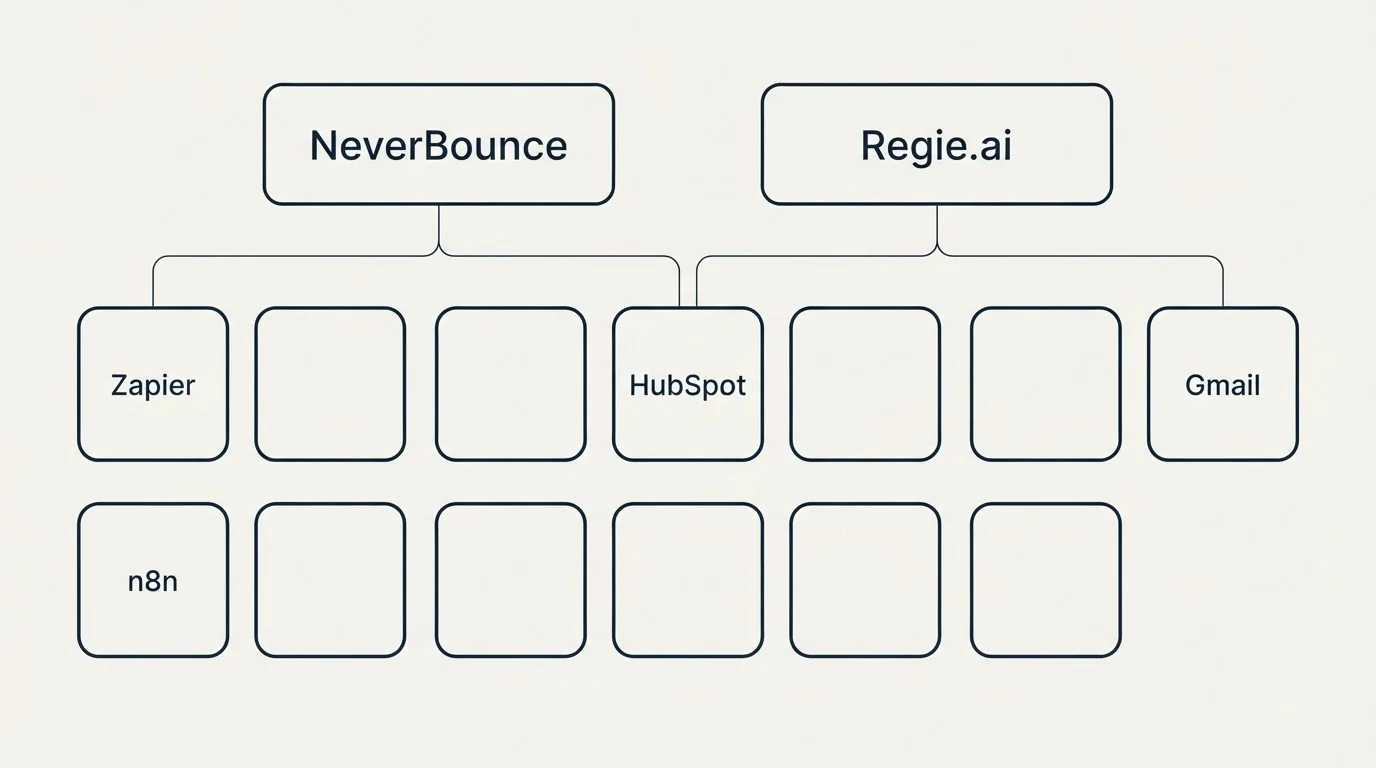 Integration grid: Integration Ecosystem (NeverBounce, Regie.ai, HubSpot, Zapier)