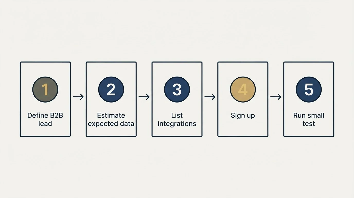 Step sequence: Getting Started Checklist (Define B2B lead, Estimate expected data, List integrations, Sign up)