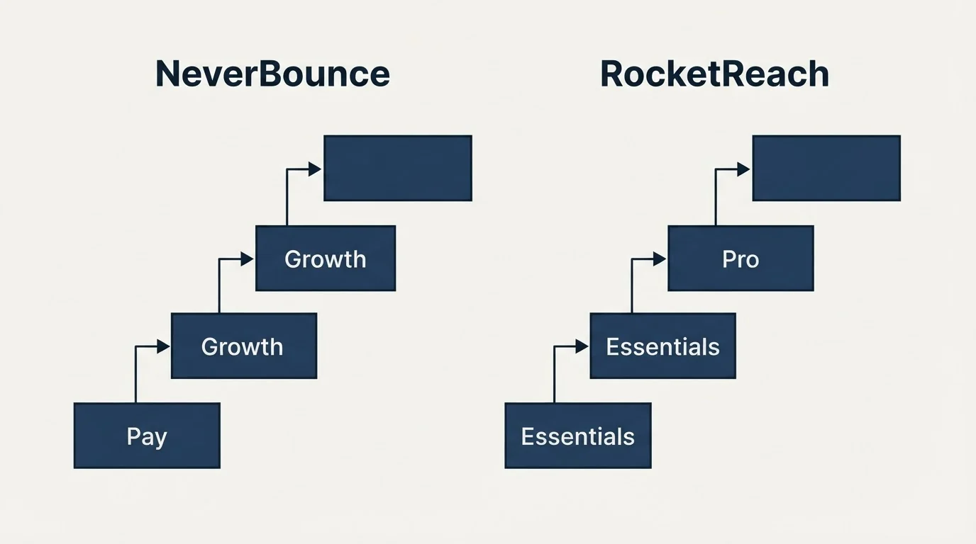 Pricing ladder: Pricing Comparison (NeverBounce, RocketReach, Pay, Essentials)