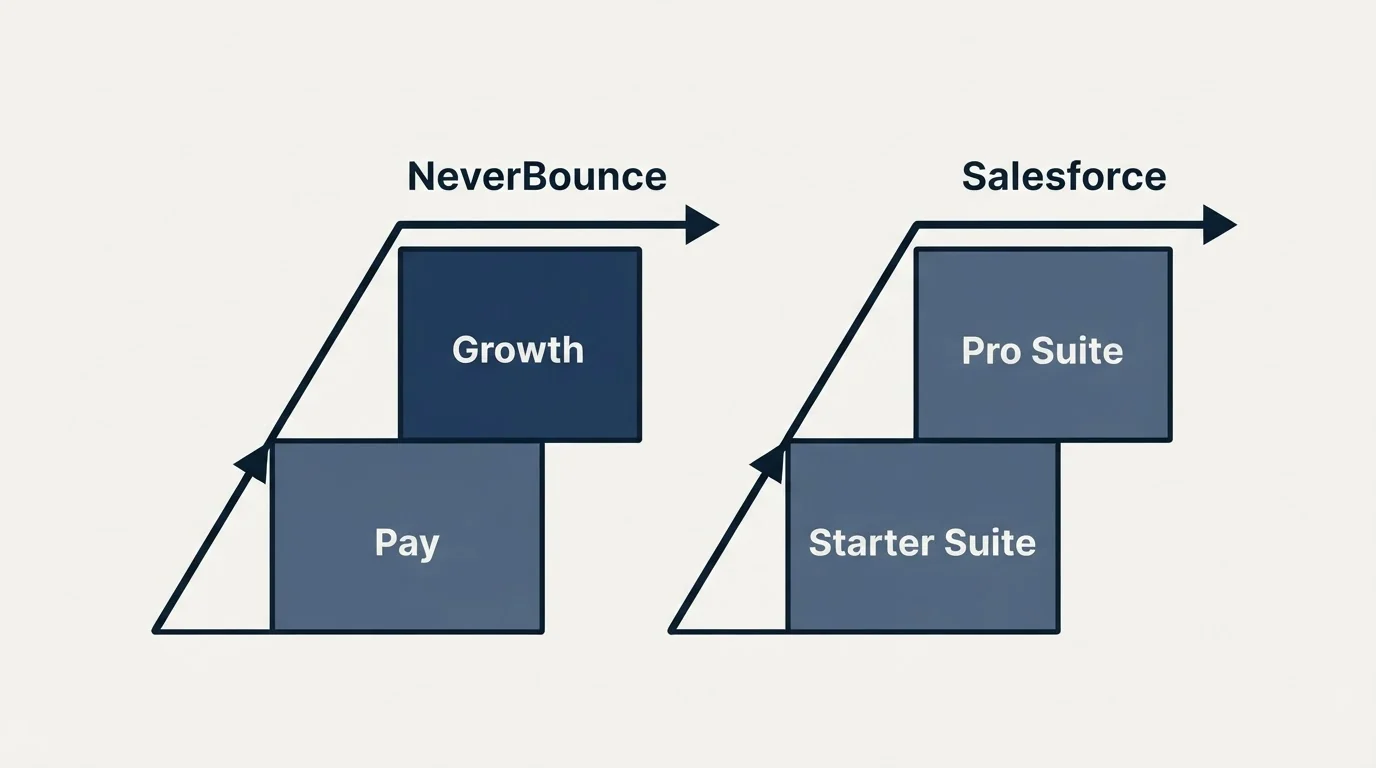Pricing ladder: Pricing Comparison (NeverBounce, Salesforce, Pay, Starter Suite)