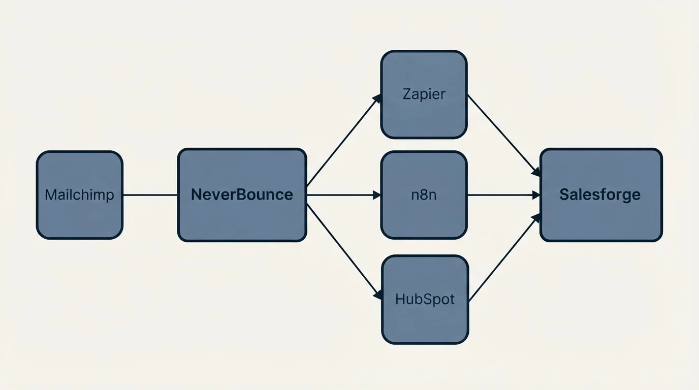 Integration schematic: Integration Ecosystem (NeverBounce, Salesforge, Zapier, n8n)