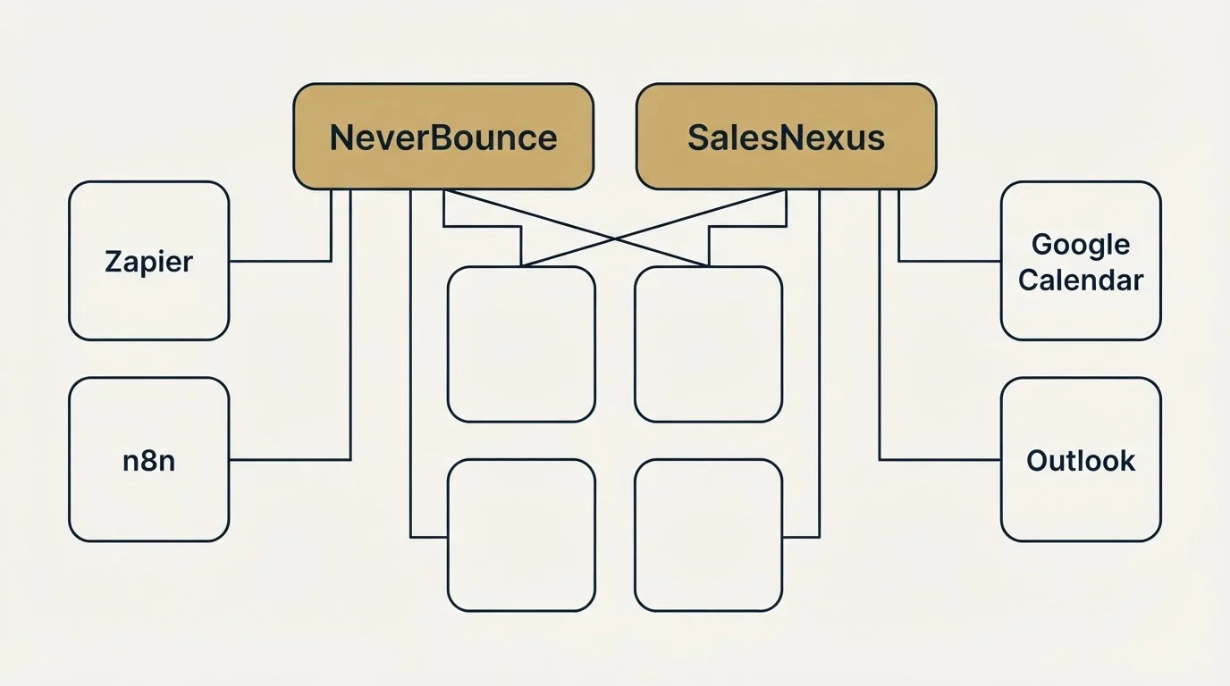 Integration grid: Integration Ecosystem (NeverBounce, SalesNexus, Zapier, Google Calendar)