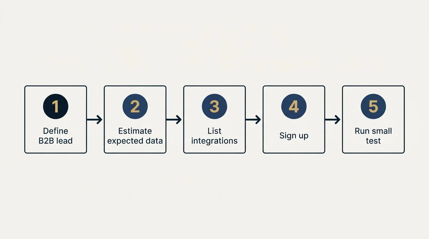 Step sequence: Getting Started Checklist (Define B2B lead, Estimate expected data, List integrations, Sign up)