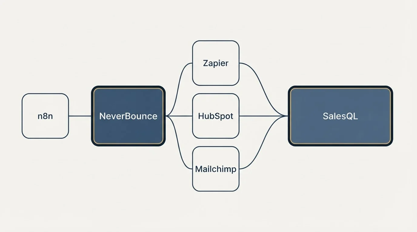 Integration schematic: Integration Ecosystem (NeverBounce, SalesQL, Zapier, HubSpot)