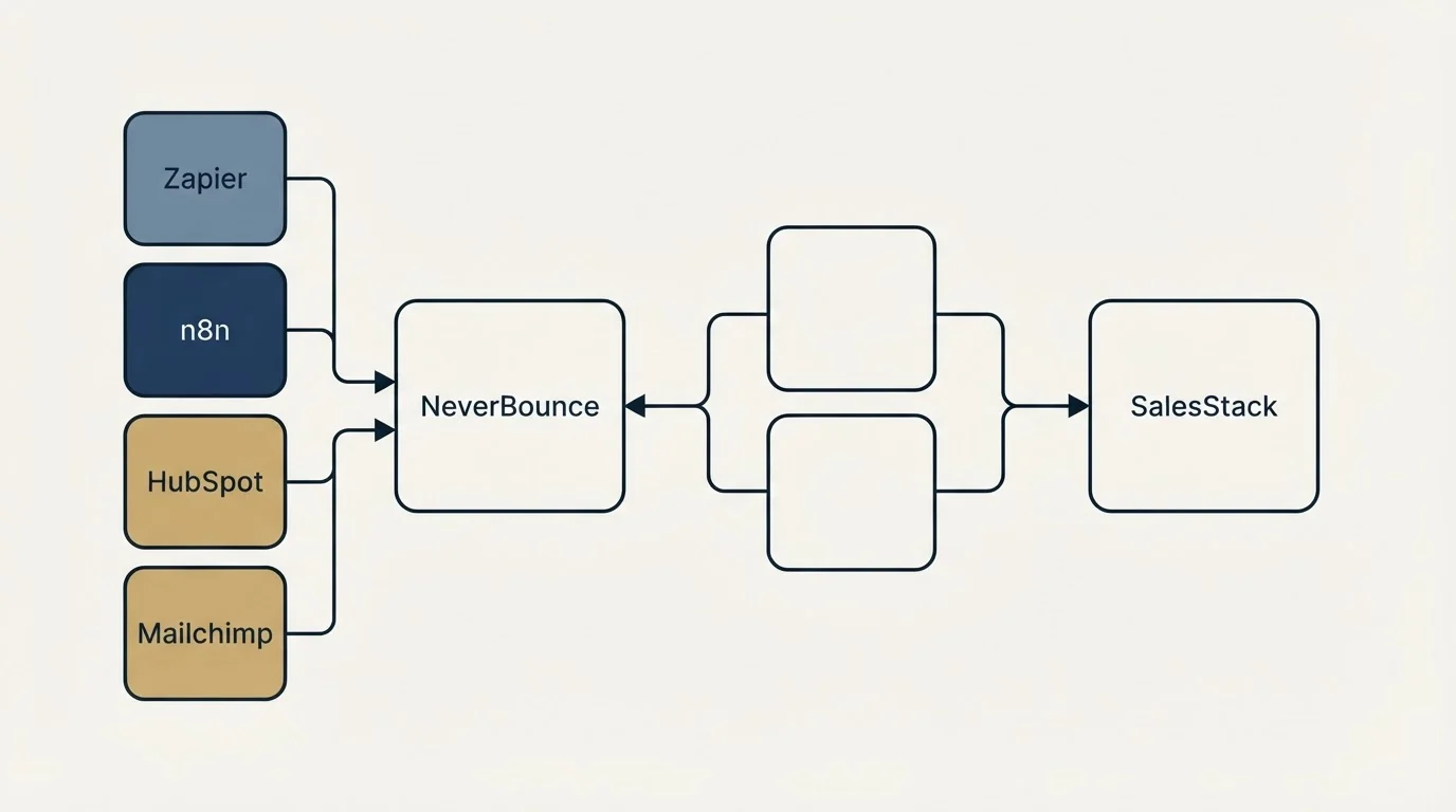 Integration schematic: Integration Ecosystem (NeverBounce, SalesStack, Zapier, n8n)
