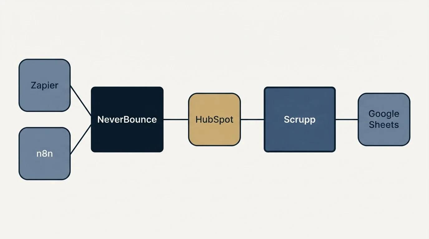 Integration schematic: Integration Ecosystem (NeverBounce, Scrupp, HubSpot, Zapier)