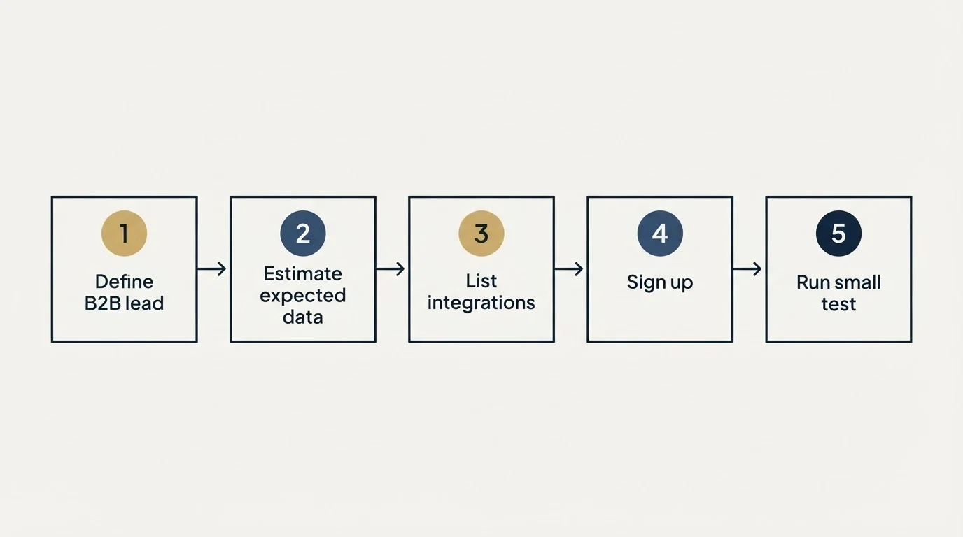 Step sequence: Getting Started Checklist (Define B2B lead, Estimate expected data, List integrations, Sign up)