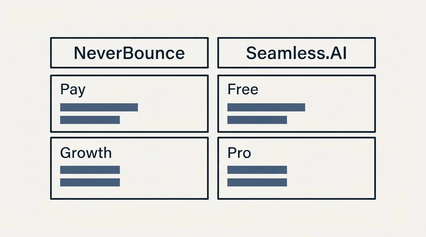 Pricing table: Pricing Comparison (NeverBounce, Seamless.AI, Pay, Free)