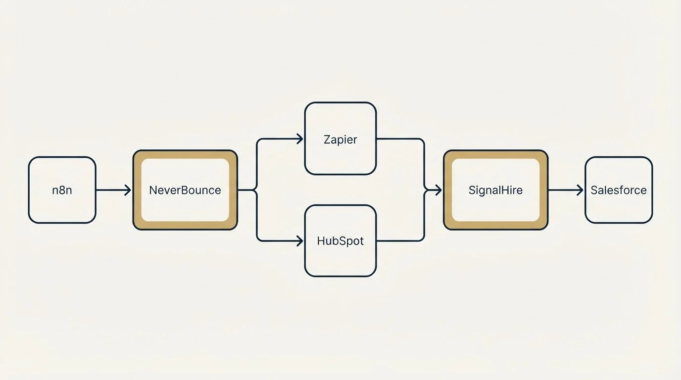 Integration schematic: Integration Ecosystem (NeverBounce, SignalHire, Zapier, HubSpot)