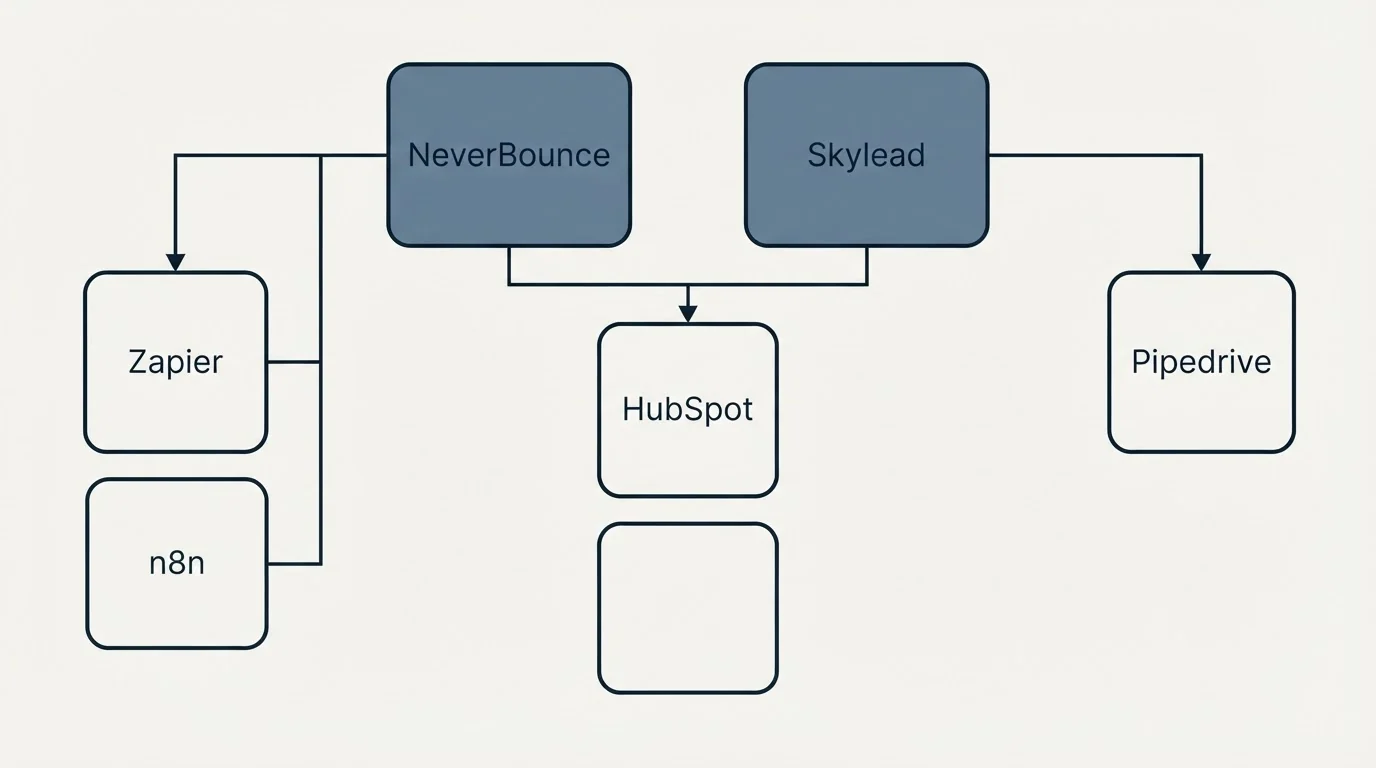 Integration grid: Integration Ecosystem (NeverBounce, Skylead, HubSpot, Zapier)