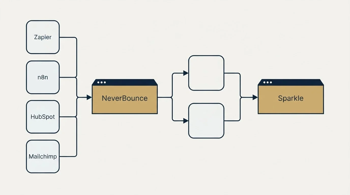 Integration flow: Integration Ecosystem (NeverBounce, Sparkle, Zapier, n8n)
