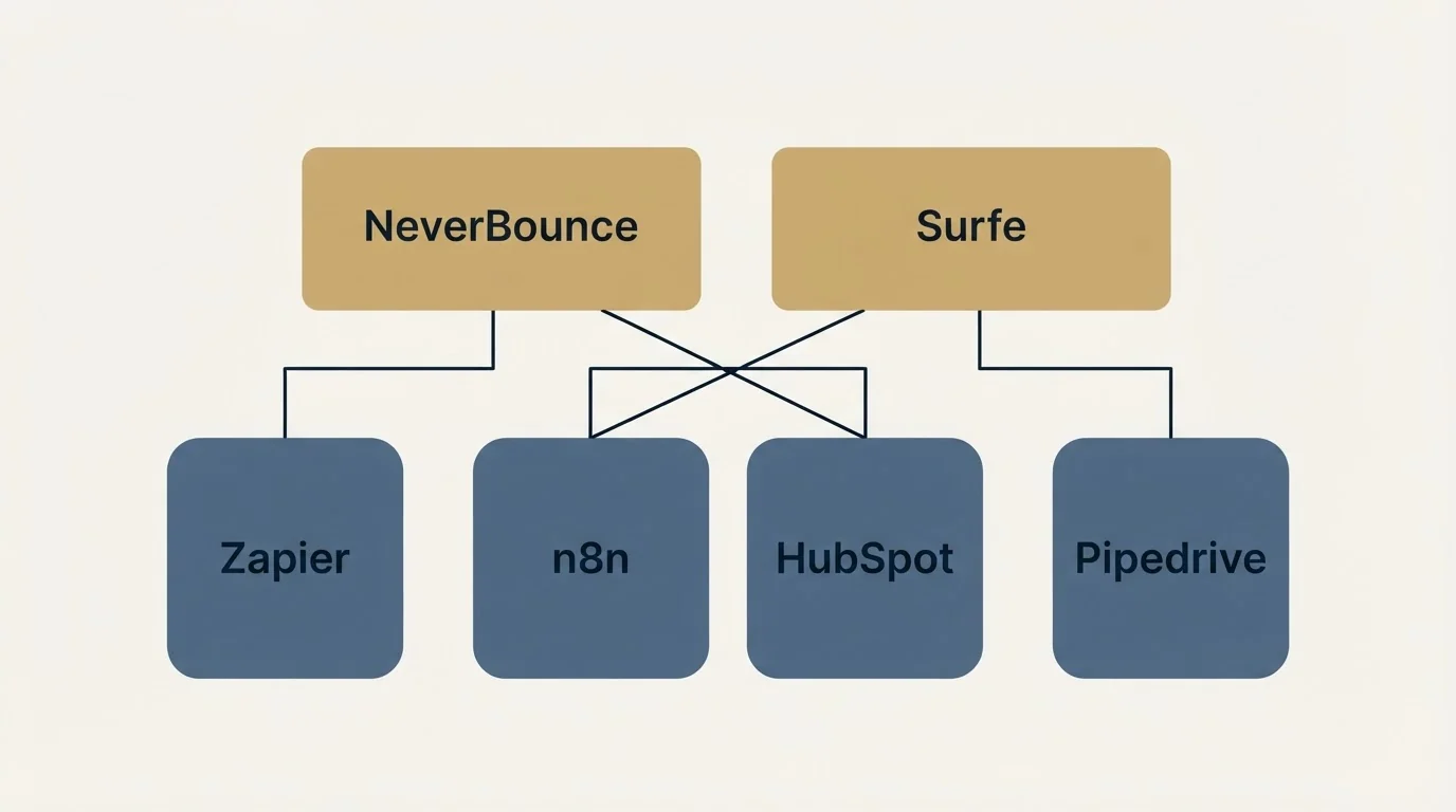 Integration grid: Integration Ecosystem (NeverBounce, Surfe, n8n, HubSpot)