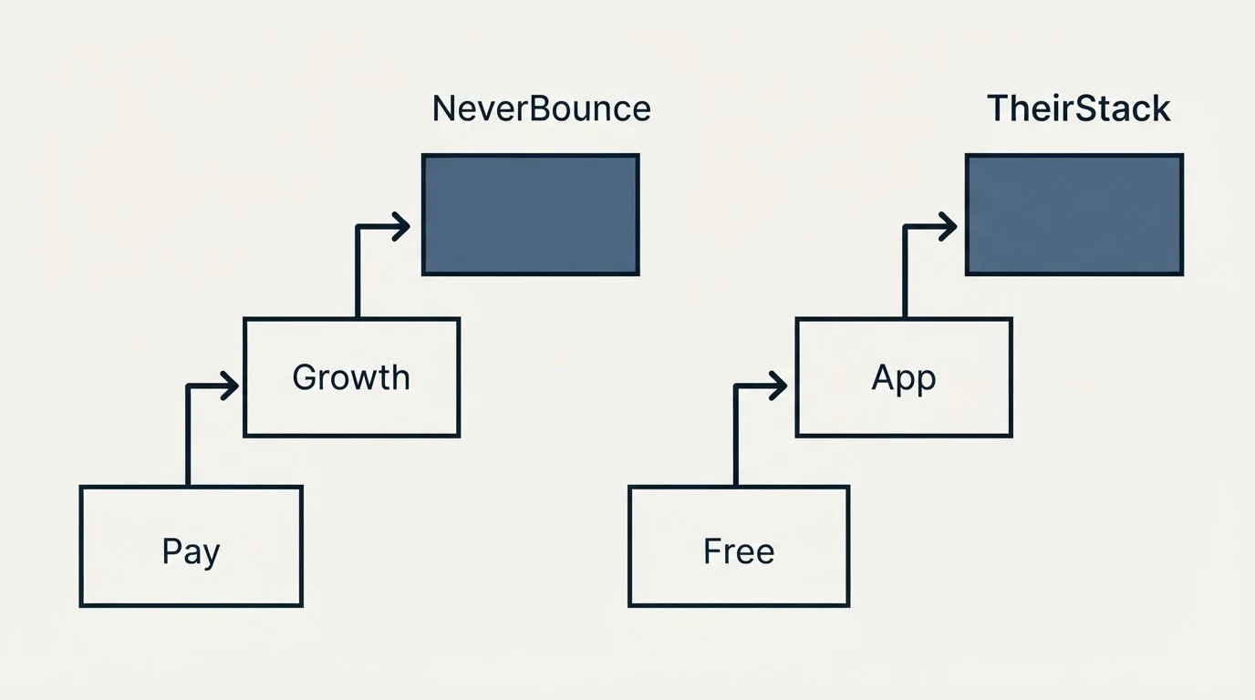 Pricing ladder: Pricing Comparison (NeverBounce, TheirStack, Pay, Free)