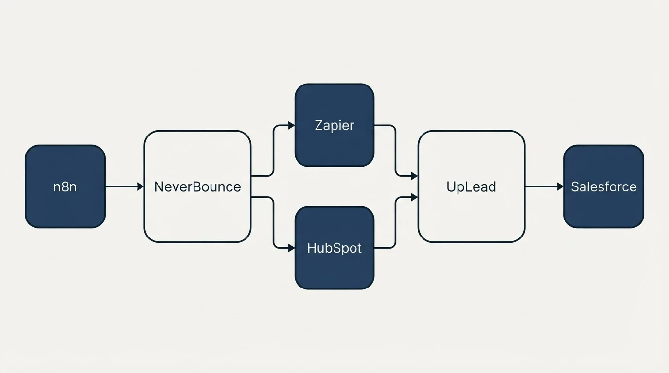 Integration flow: Integration Ecosystem (NeverBounce, UpLead, Zapier, HubSpot)
