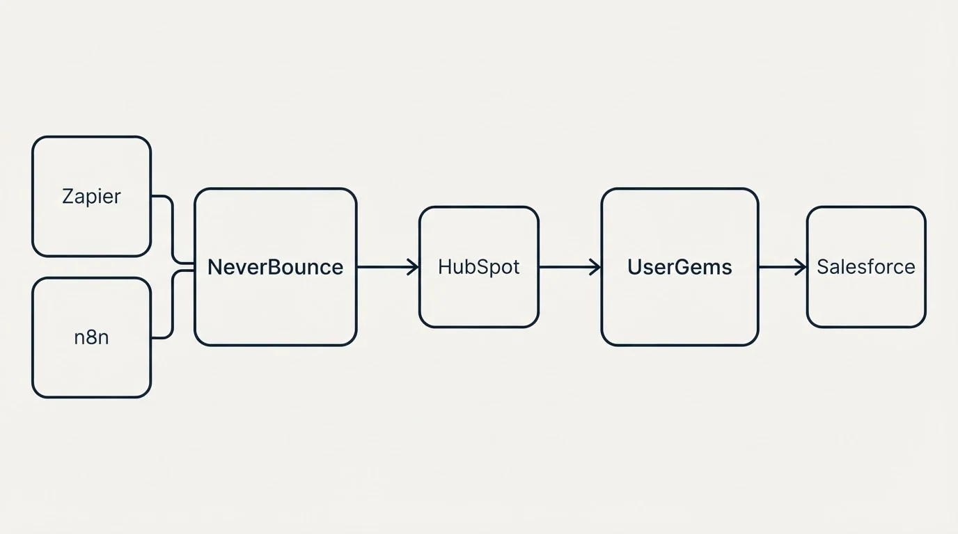 Integration schematic: Integration Ecosystem (NeverBounce, UserGems, HubSpot, Zapier)