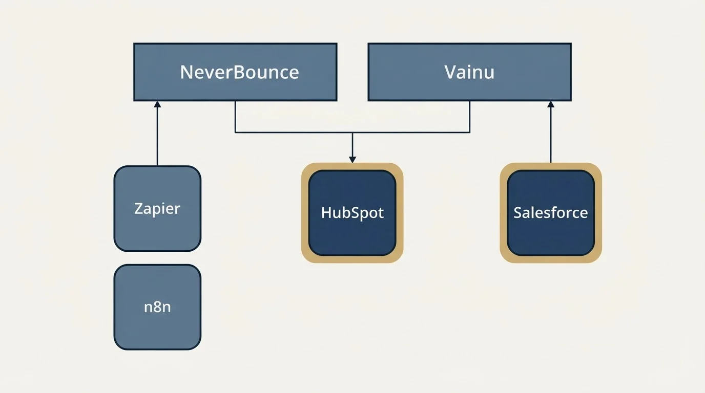 Integration grid: Integration Ecosystem (NeverBounce, Vainu, HubSpot, Zapier)