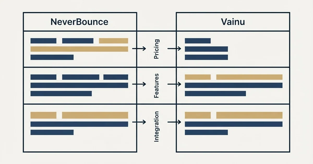 Comparison panel: NeverBounce vs Vainu (Pricing, Features, Integration)