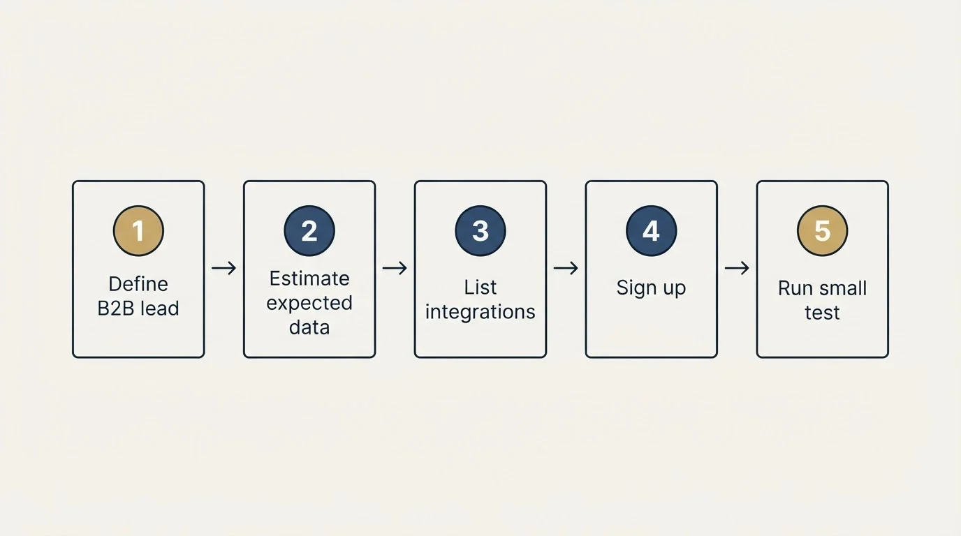 Step sequence: Getting Started Checklist (Define B2B lead, Estimate expected data, List integrations, Sign up)