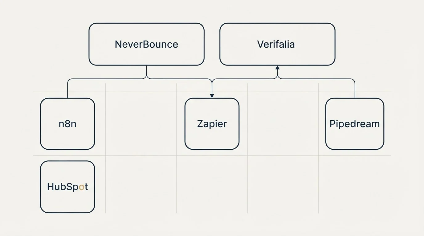 Integration grid: Integration Ecosystem (NeverBounce, Verifalia, Zapier, n8n)