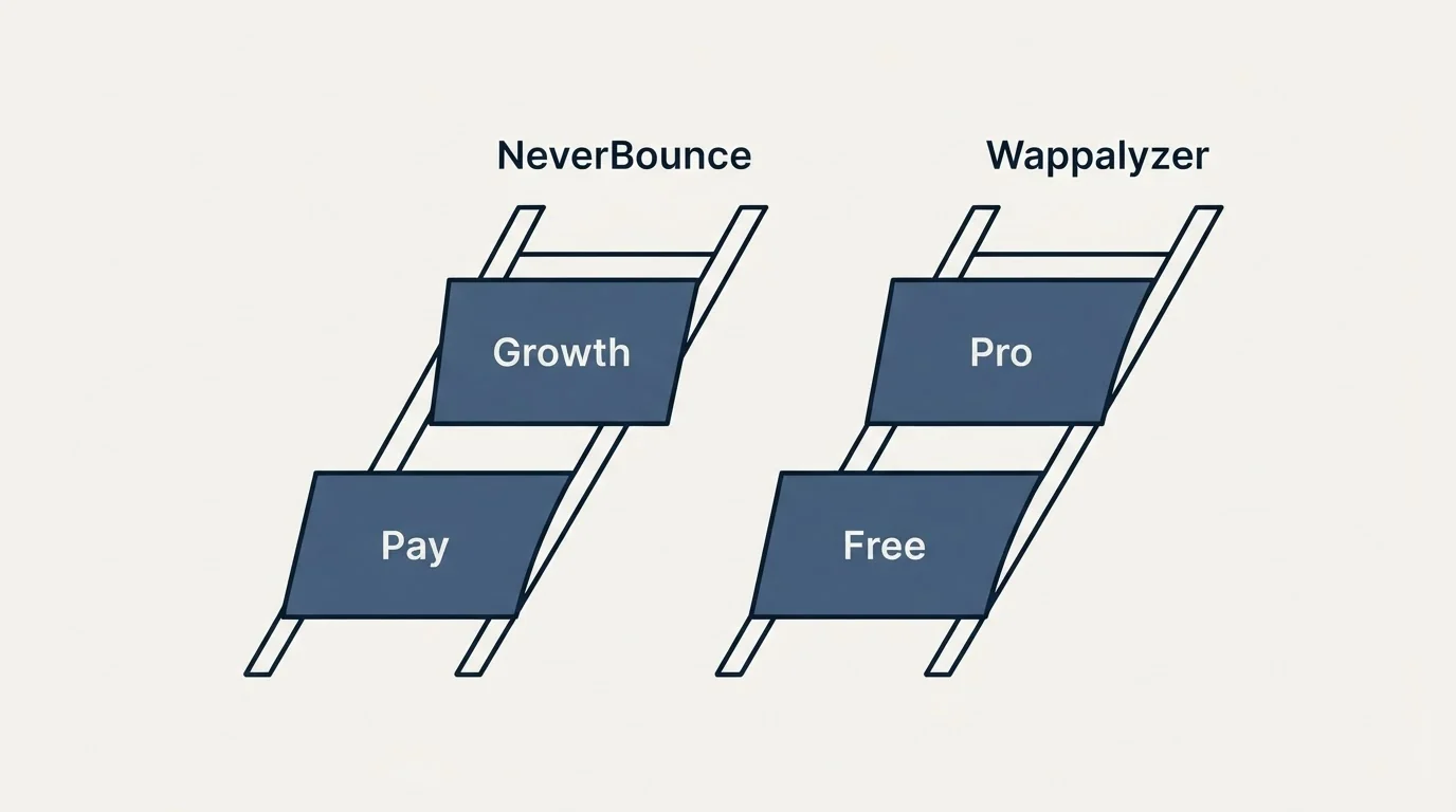 Pricing ladder: Pricing Comparison (NeverBounce, Wappalyzer, Pay, Free)