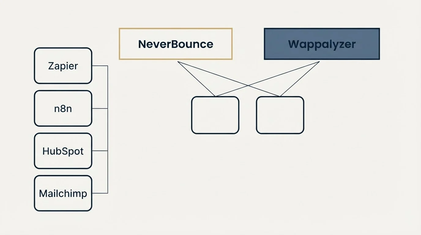 Integration grid: Integration Ecosystem (NeverBounce, Wappalyzer, Zapier, n8n)