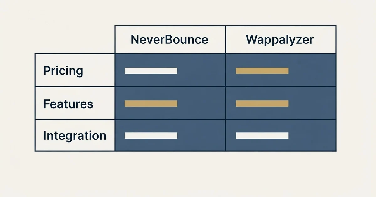 Comparison panel: NeverBounce vs Wappalyzer (Pricing, Features, Integration)
