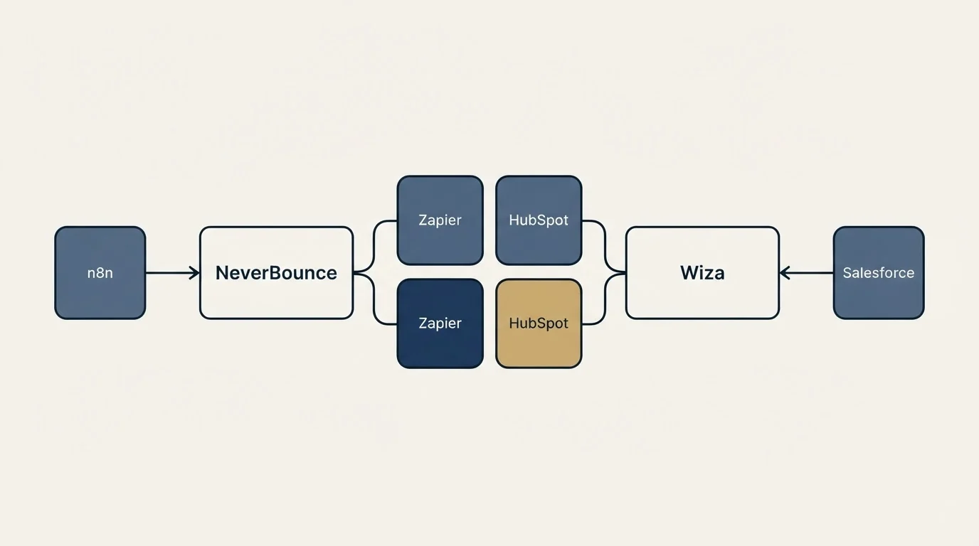 Integration schematic: Integration Ecosystem (NeverBounce, Wiza, Zapier, HubSpot)