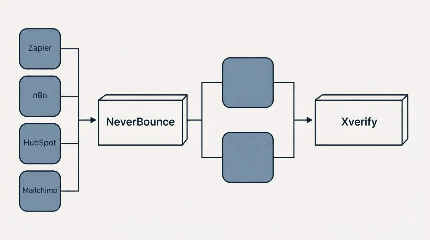 Integration flow: Integration Ecosystem (NeverBounce, Xverify, Zapier, n8n)