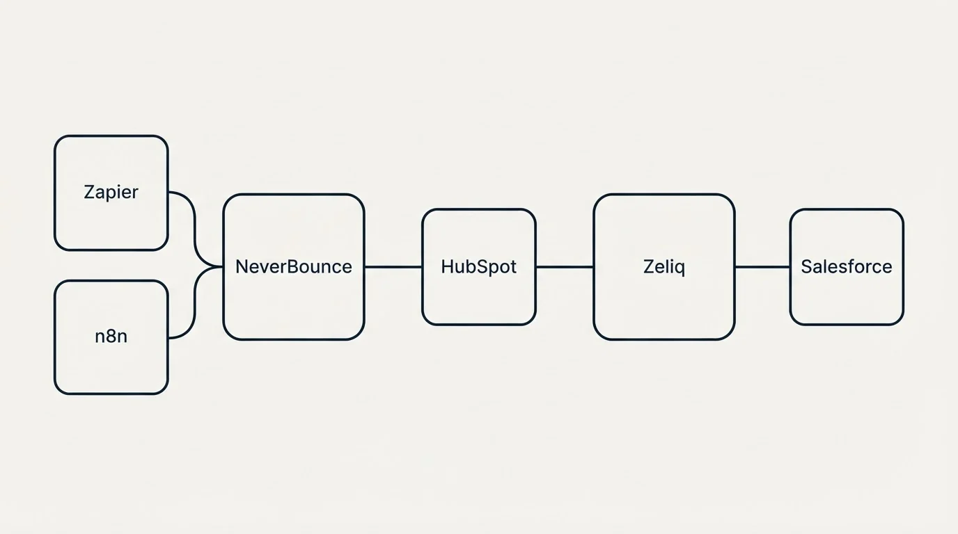 Integration schematic: Integration Ecosystem (NeverBounce, Zeliq, HubSpot, Zapier)
