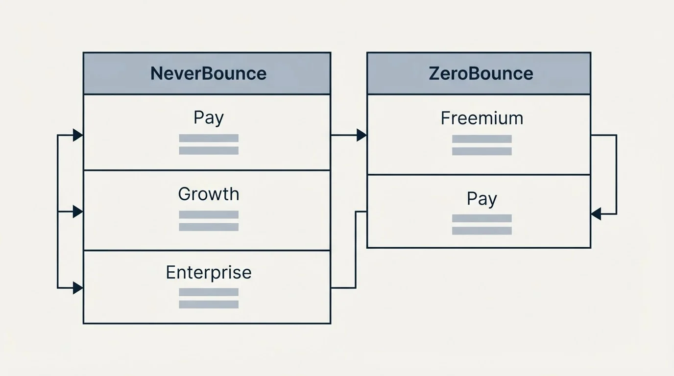 Pricing table: Pricing Comparison (NeverBounce, ZeroBounce, Pay, Freemium)