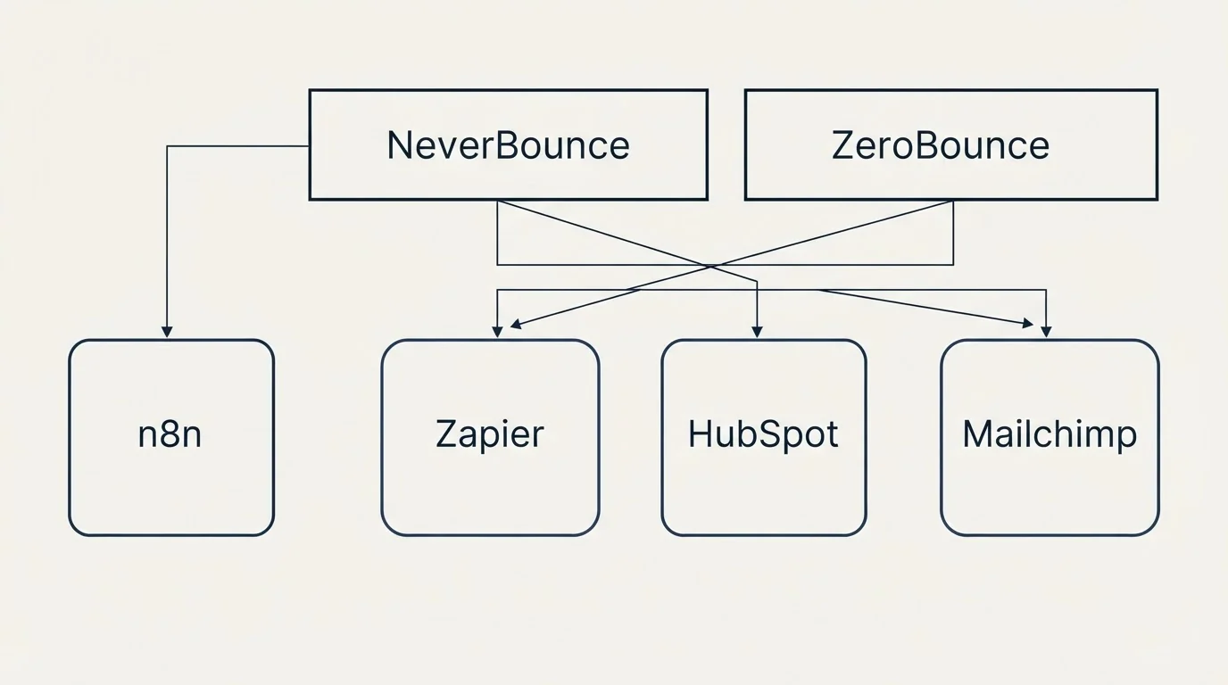 Integration grid: Integration Ecosystem (NeverBounce, ZeroBounce, Zapier, HubSpot)