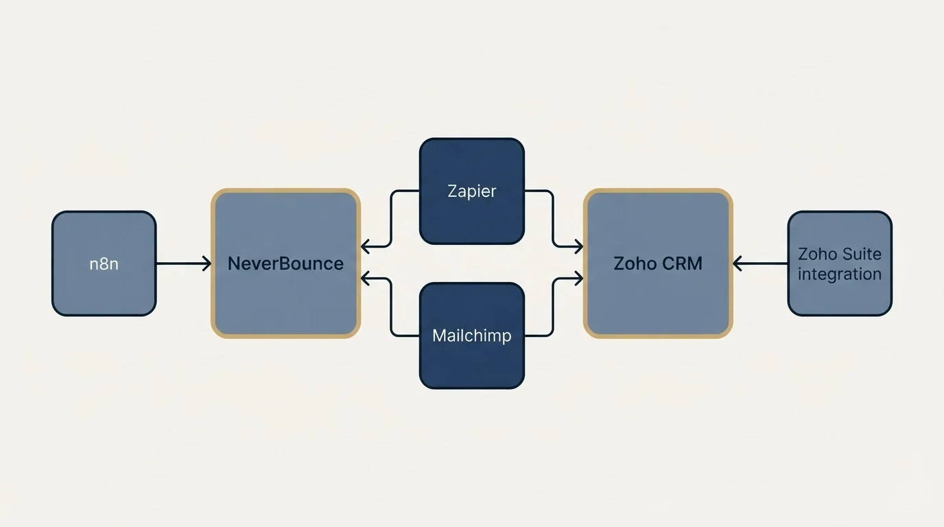 Integration schematic: Integration Ecosystem (NeverBounce, Zoho CRM, Zapier, Mailchimp)
