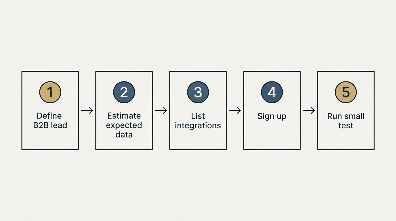 Step sequence: Getting Started Checklist (Define B2B lead, Estimate expected data, List integrations, Sign up)