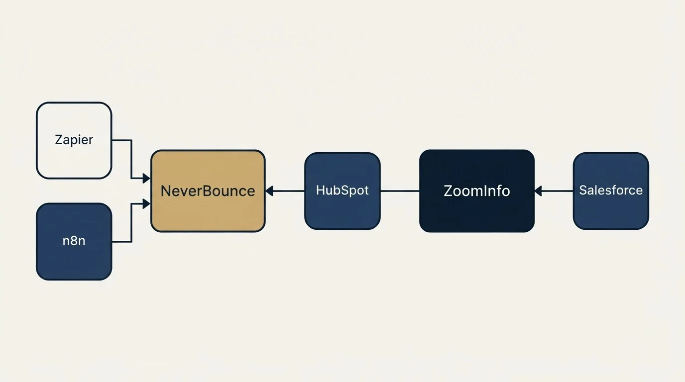 Integration flow: Integration Ecosystem (NeverBounce, ZoomInfo, HubSpot, Zapier)