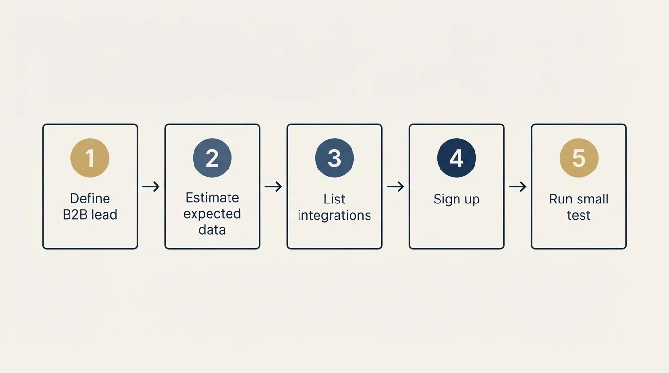 Step sequence: Getting Started Checklist (Define B2B lead, Estimate expected data, List integrations, Sign up)