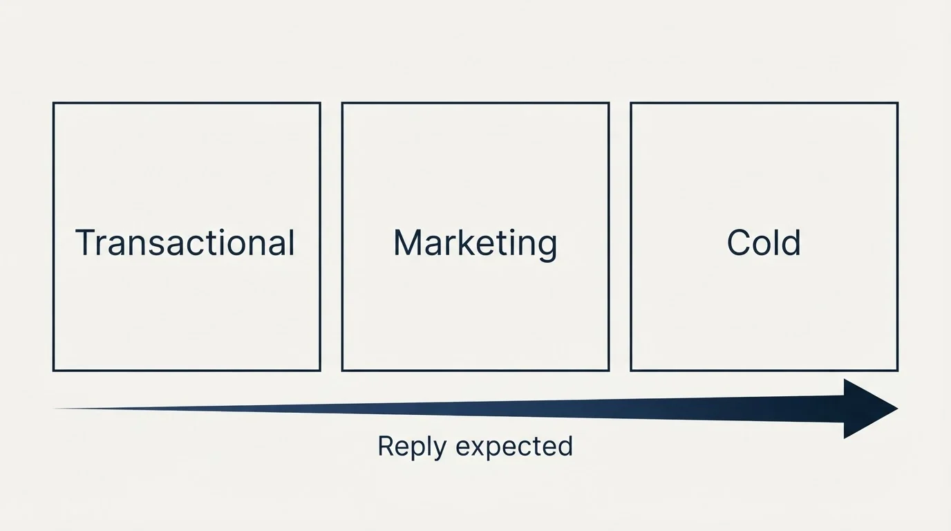 Schematic: The three sending classes, and where the address belongs (Transactional, Marketing, Cold, Reply expected)